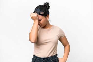 Young Uruguayan woman over isolated white background with headache