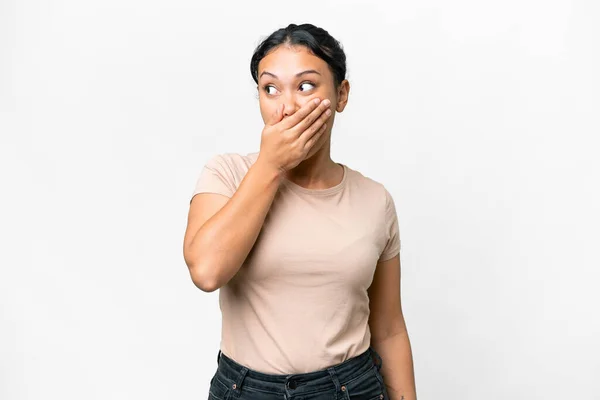 stock image Young Uruguayan woman over isolated white background doing surprise gesture while looking to the side