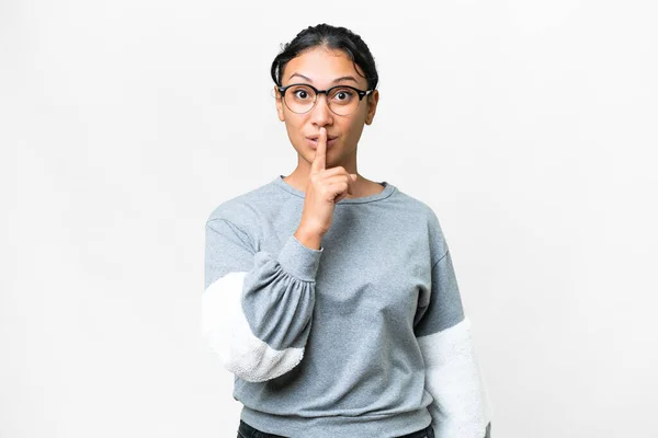 Young Uruguayan Woman Isolated White Background Showing Sign Silence Gesture — Stockfoto