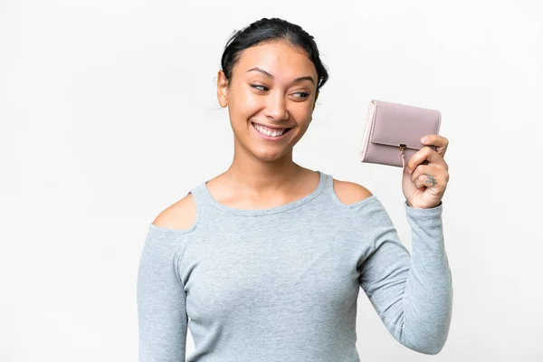 Young Uruguayan Woman Holding Wallet Isolated White Background Happy Expression — 图库照片