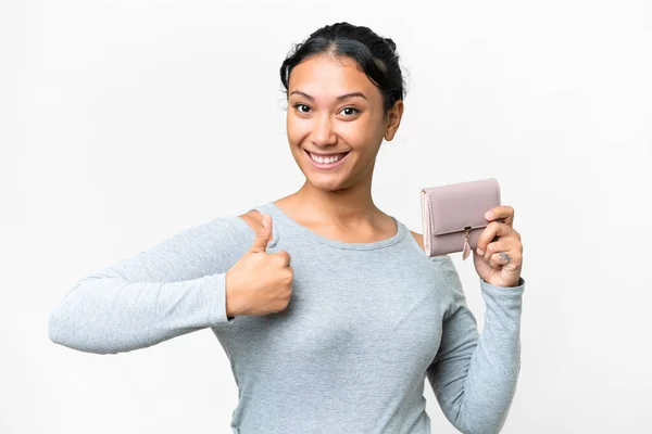 Young Uruguayan Woman Holding Wallet Isolated White Background Thumbs Because — 图库照片