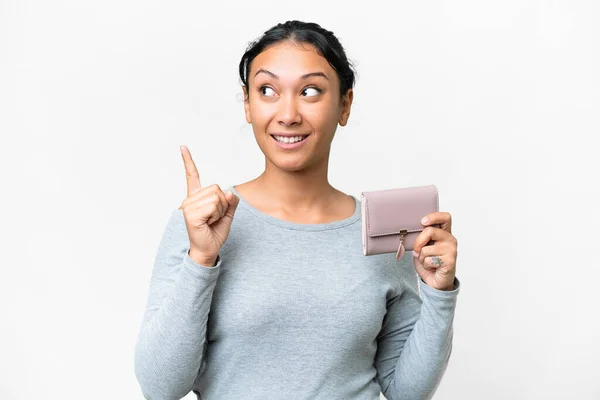 Young Uruguayan Woman Holding Wallet Isolated White Background Intending Realizes — ストック写真