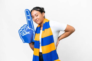 sports fan woman over isolated white background suffering from backache for having made an effort