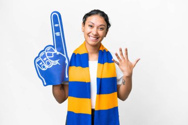 sports fan woman over isolated white background counting five with fingers