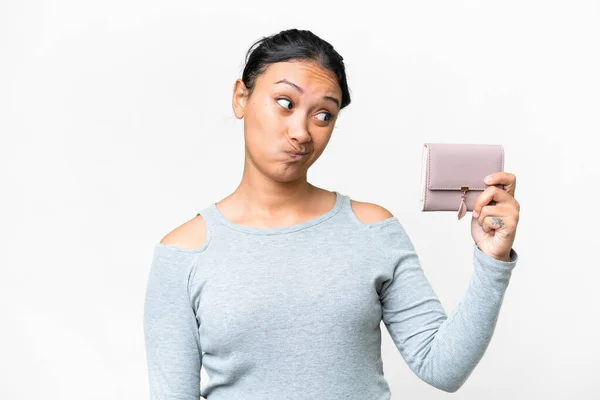 Young Uruguayan Woman Holding Wallet Isolated White Background Sad Expression — Stockfoto