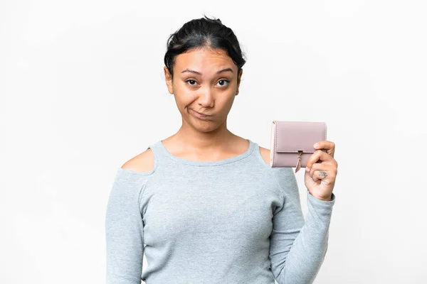 stock image Young Uruguayan woman holding a wallet over isolated white background with sad expression