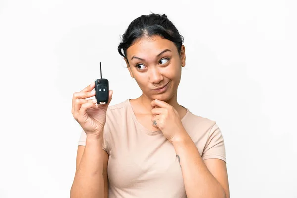 Young Uruguayan Woman Holding Car Keys Isolated White Background Sad — 스톡 사진