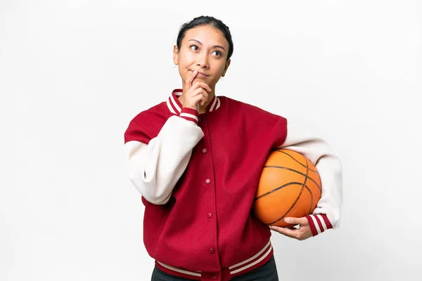 Young Uruguayan Woman Playing Basketball Isolated Wall Isolated White Background — 图库照片
