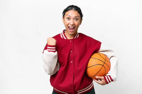 Young Uruguayan Woman Playing Basketball Isolated Wall Isolated White Background — Stok fotoğraf