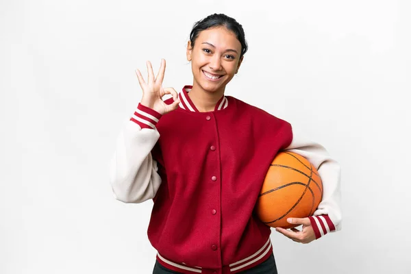 Young Uruguayan Woman Playing Basketball Isolated Wall Isolated White Background — Photo