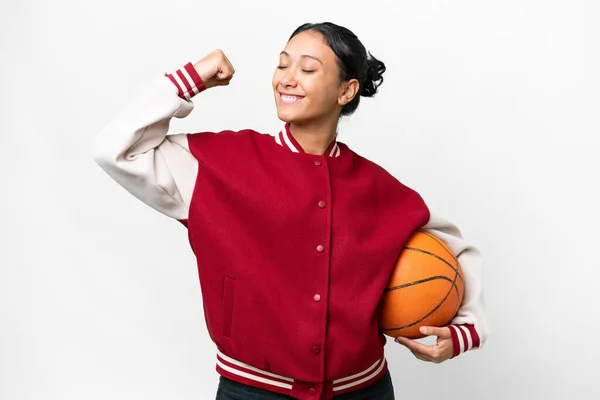 Young Uruguayan Woman Playing Basketball Isolated Wall Isolated White Background — Φωτογραφία Αρχείου