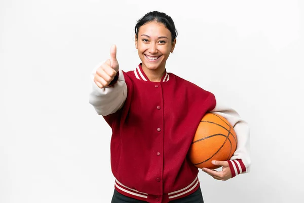 Young Uruguayan Woman Playing Basketball Isolated Wall Isolated White Background — ストック写真