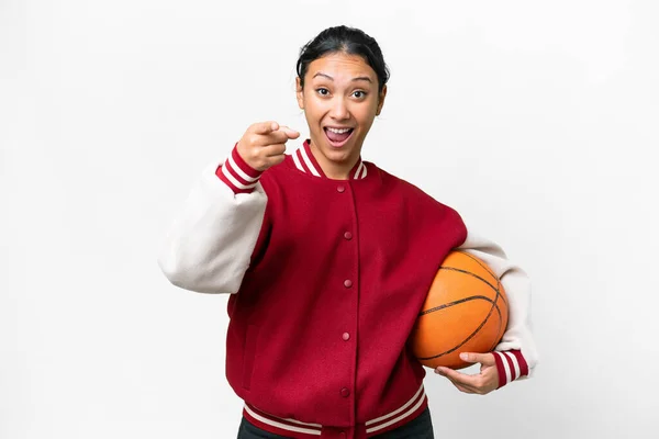 Young Uruguayan Woman Playing Basketball Isolated Wall Isolated White Background — Stok fotoğraf