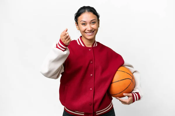 Young Uruguayan Woman Playing Basketball Isolated Wall Isolated White Background — Foto de Stock