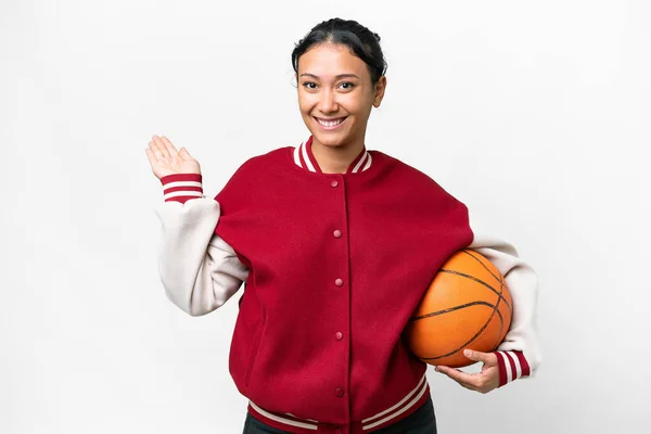 Young Uruguayan Woman Playing Basketball Isolated Wall Isolated White Background — Foto de Stock