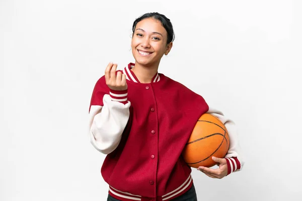 Young Uruguayan Woman Playing Basketball Isolated Wall Isolated White Background — ストック写真