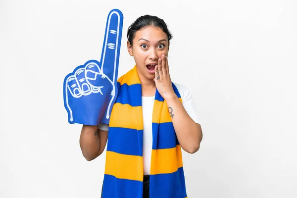 Sports Fan Woman Isolated White Background Surprise Shocked Facial Expression — Stock fotografie
