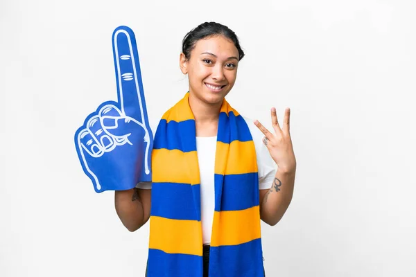 Sports Fan Woman Isolated White Background Happy Counting Three Fingers — Stock fotografie