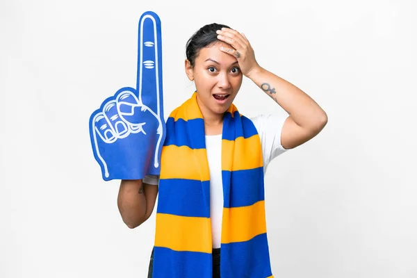 Sports Fan Woman Isolated White Background Doing Surprise Gesture While — Stock fotografie