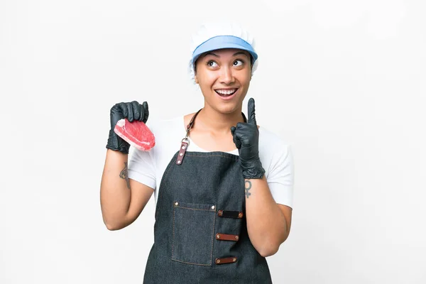 Butcher Woman Wearing Apron Serving Fresh Cut Meat Isolated White — Photo