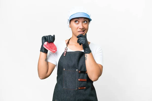 Butcher Woman Wearing Apron Serving Fresh Cut Meat Isolated White — Foto Stock
