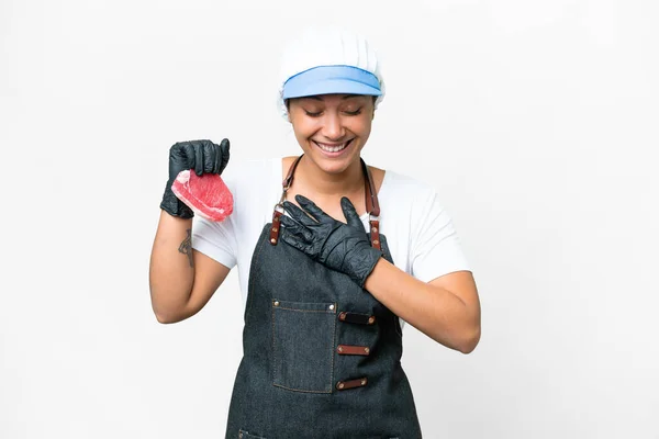 Butcher Woman Wearing Apron Serving Fresh Cut Meat Isolated White — Foto de Stock