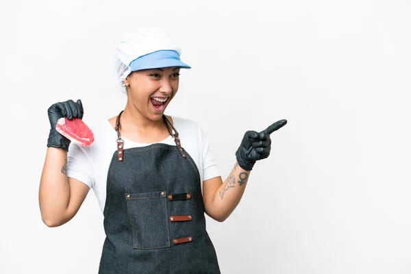 Butcher Woman Wearing Apron Serving Fresh Cut Meat Isolated White — Zdjęcie stockowe