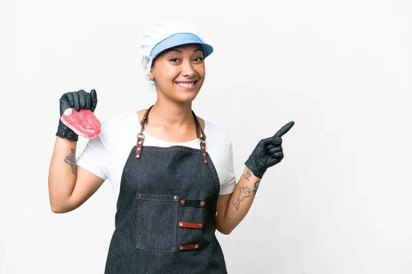 Butcher Woman Wearing Apron Serving Fresh Cut Meat Isolated White — Zdjęcie stockowe