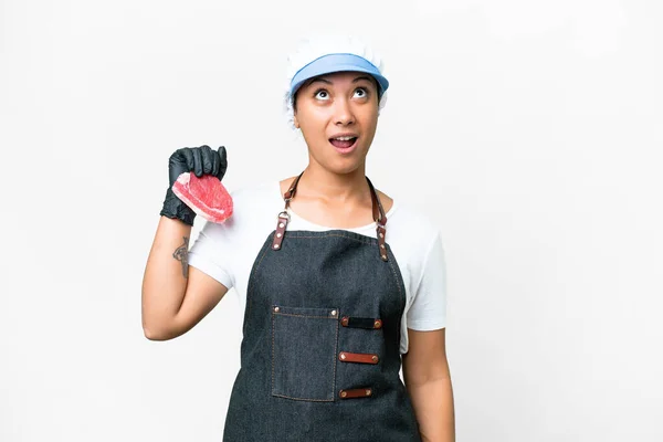 Butcher Woman Wearing Apron Serving Fresh Cut Meat Isolated White — Foto Stock