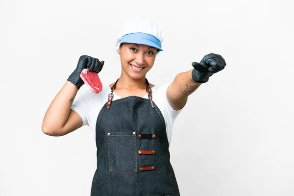 Butcher Woman Wearing Apron Serving Fresh Cut Meat Isolated White — Stock Photo, Image