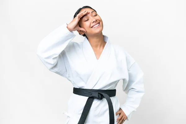 Young Uruguayan Woman Doing Karate Isolated White Background Smiling Lot — 图库照片