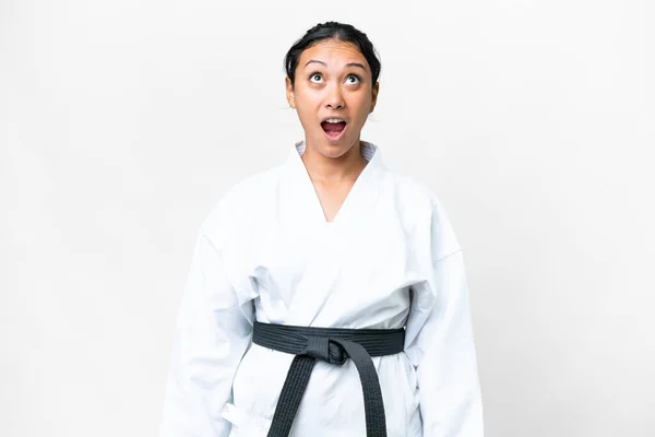 Young Uruguayan Woman Doing Karate Isolated White Background Looking Surprised — Stock Photo, Image