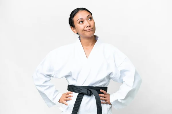 Young Uruguayan Woman Doing Karate Isolated White Background Looking — Stock Photo, Image