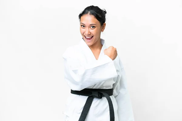 Young Uruguayan Woman Doing Karate Isolated White Background Celebrating Victory — 图库照片