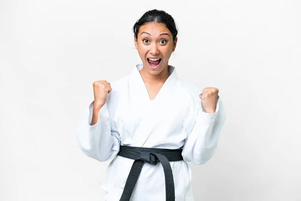 Young Uruguayan Woman Doing Karate Isolated White Background Celebrating Victory — Foto de Stock