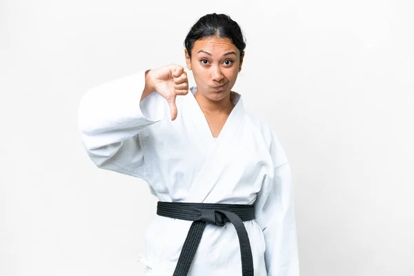 Young Uruguayan Woman Doing Karate Isolated White Background Showing Thumb — Stock Photo, Image