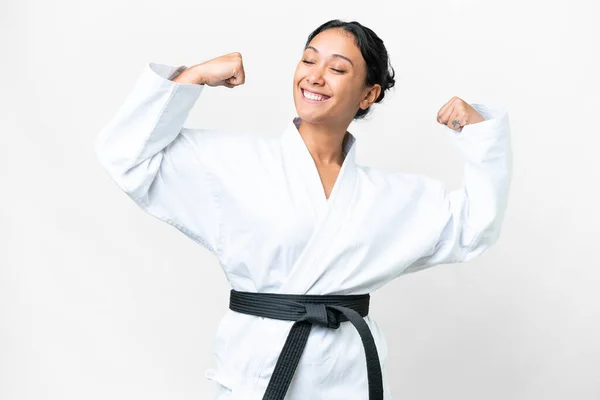 Young Uruguayan Woman Doing Karate Isolated White Background Doing Strong — Foto de Stock