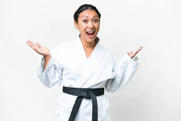 Young Uruguayan Woman Doing Karate Isolated White Background Shocked Facial — Foto de Stock