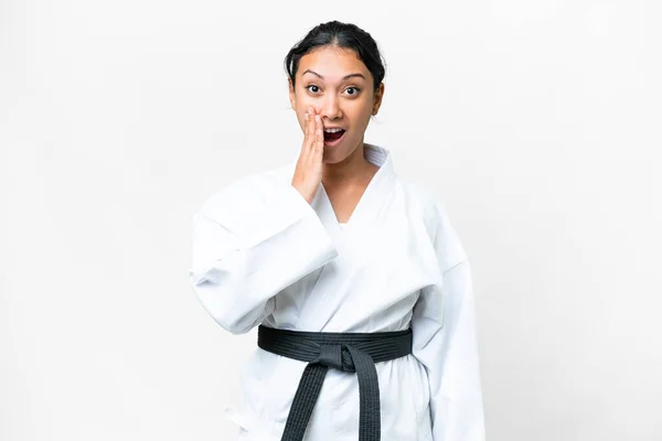 Young Uruguayan Woman Doing Karate Isolated White Background Surprise Shocked — Stock Photo, Image