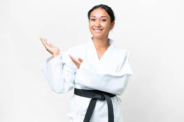 Young Uruguayan Woman Doing Karate Isolated White Background Extending Hands — Stock Photo, Image