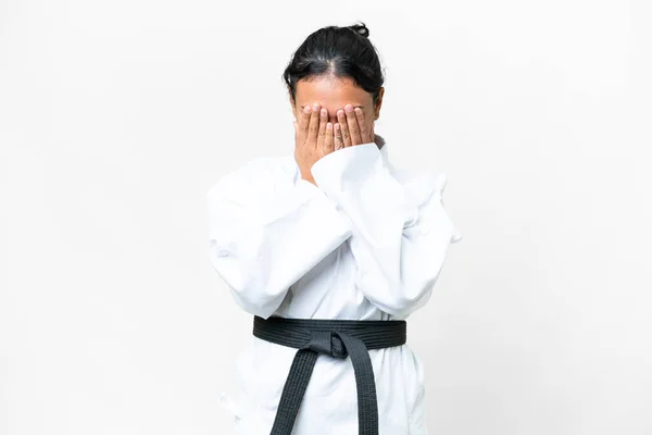 Young Uruguayan Woman Doing Karate Isolated White Background Tired Sick — Stock Photo, Image