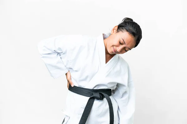 Young Uruguayan Woman Doing Karate Isolated White Background Suffering Backache — 图库照片
