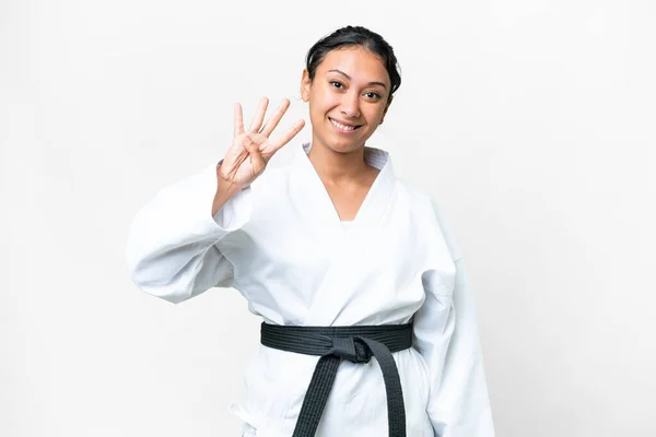 Young Uruguayan Woman Doing Karate Isolated White Background Happy Counting — Stock Photo, Image