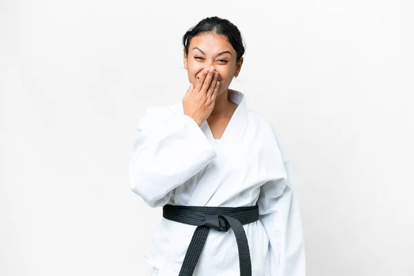 Young Uruguayan Woman Doing Karate Isolated White Background Happy Smiling — Stockfoto