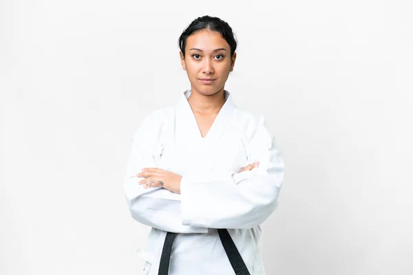 Young Uruguayan Woman Isolated White Background Doing Karate Keeping Arms — 图库照片