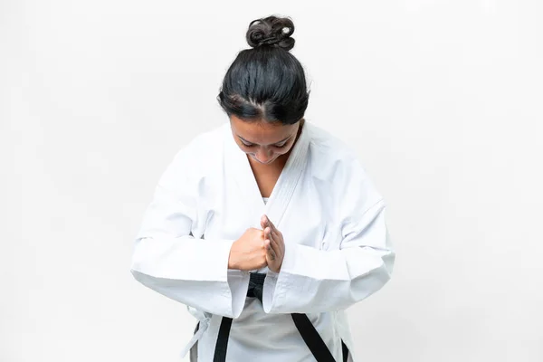 Young Uruguayan Woman Isolated White Background Doing Karate Saluting — Stockfoto