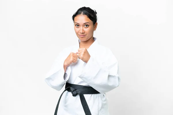 Young Uruguayan Woman Isolated White Background Doing Karate — Stock Photo, Image