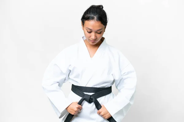 Young Uruguayan Woman Isolated White Background Doing Karate — 图库照片