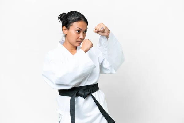 Young Uruguayan Woman Isolated White Background Doing Karate — Stock fotografie