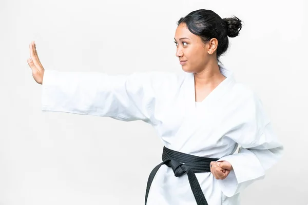 Young Uruguayan Woman Isolated White Background Doing Karate — 图库照片